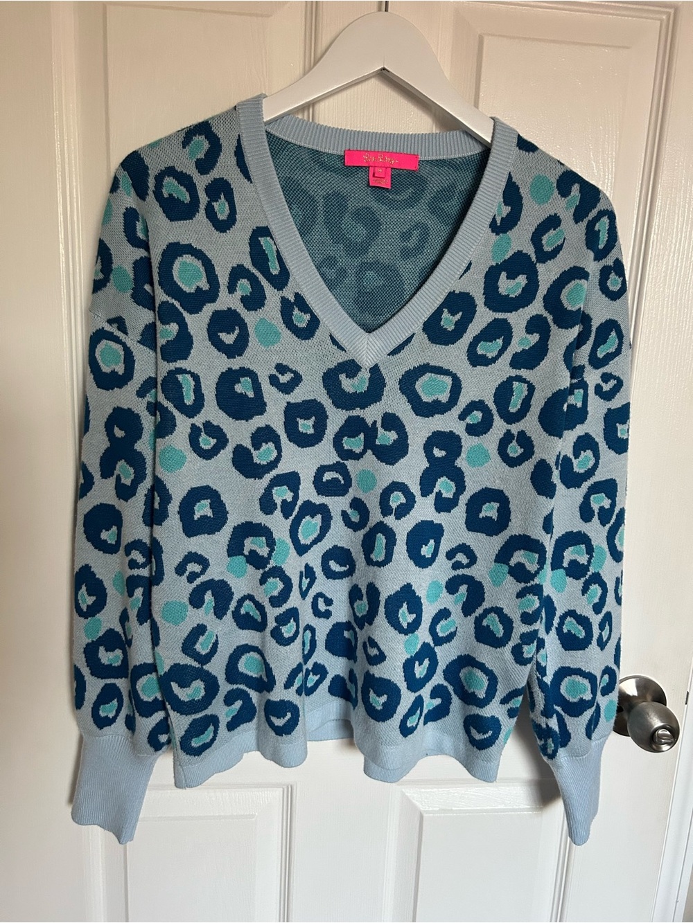 Lilly Pulitzer Light Blue Leopard V-Neck Sweater with Navy & Teal Spots